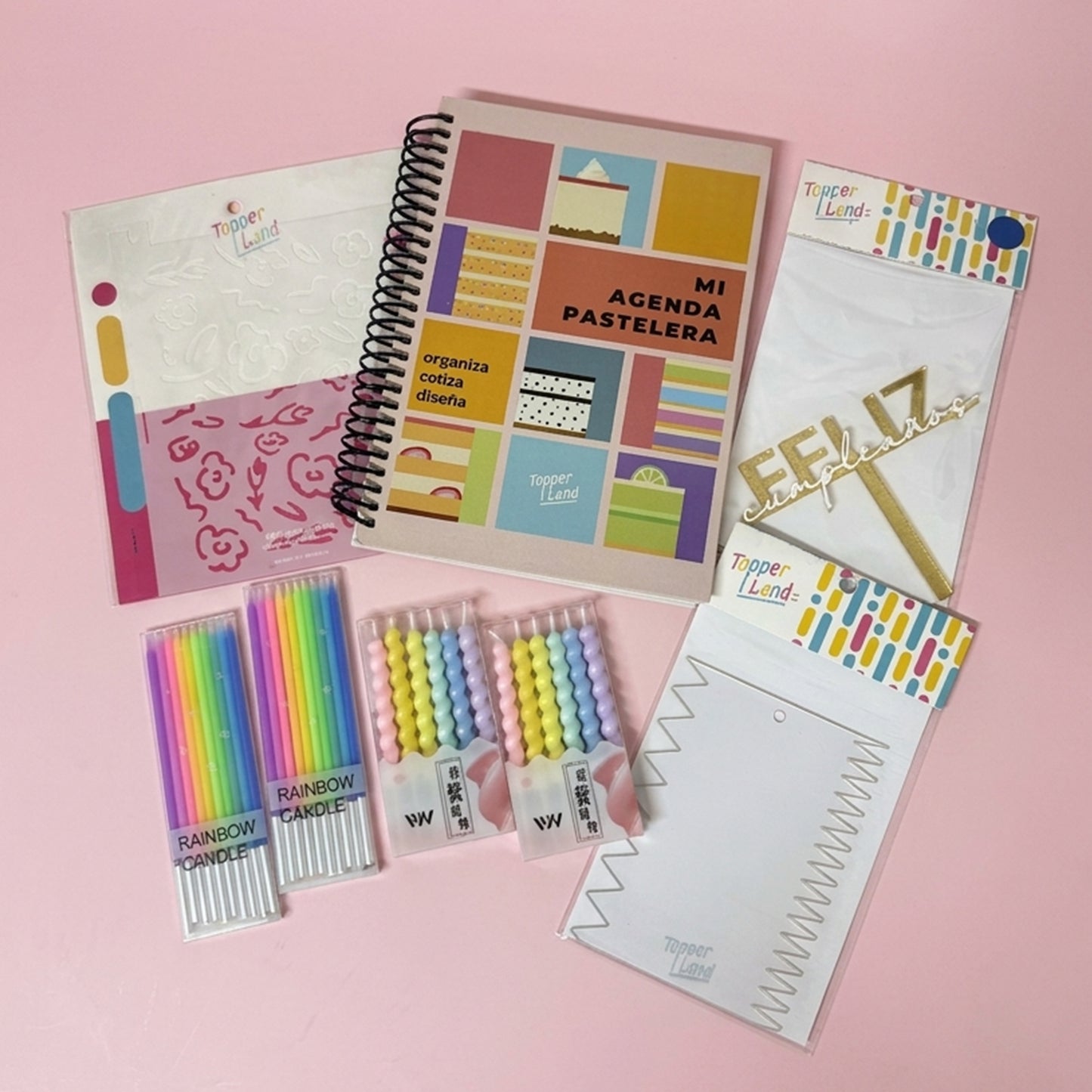 Paquete 11: Agenda + 1 Stencil + 1 Raspa + 1 Caketopper + Kit de Velas