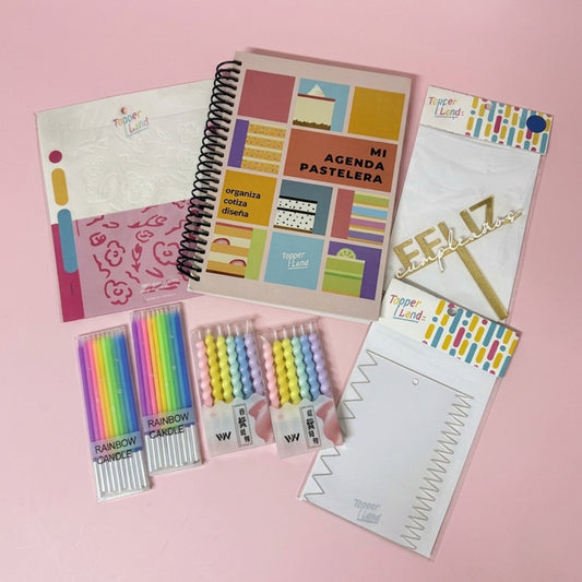 Paquete 11: Agenda + 1 Stencil + 1 Raspa + 1 Caketopper + Kit de Velas