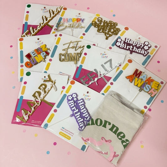 Paquete 12: 10 Caketoppers de Acrilico + Tote