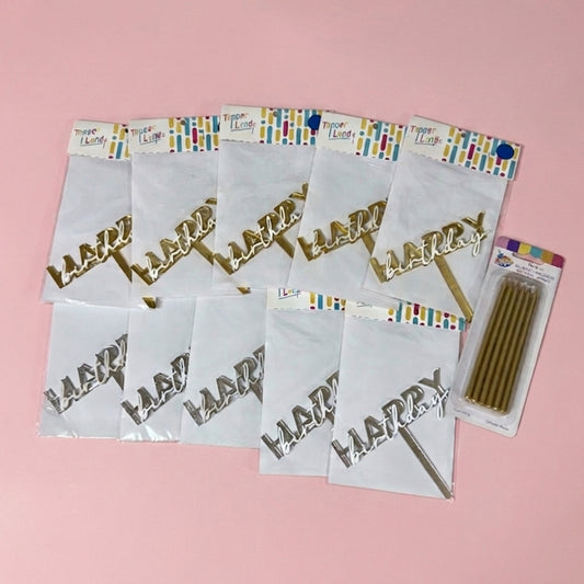 Paquete 13: 10 Caketoppers de Acrílico + Velas