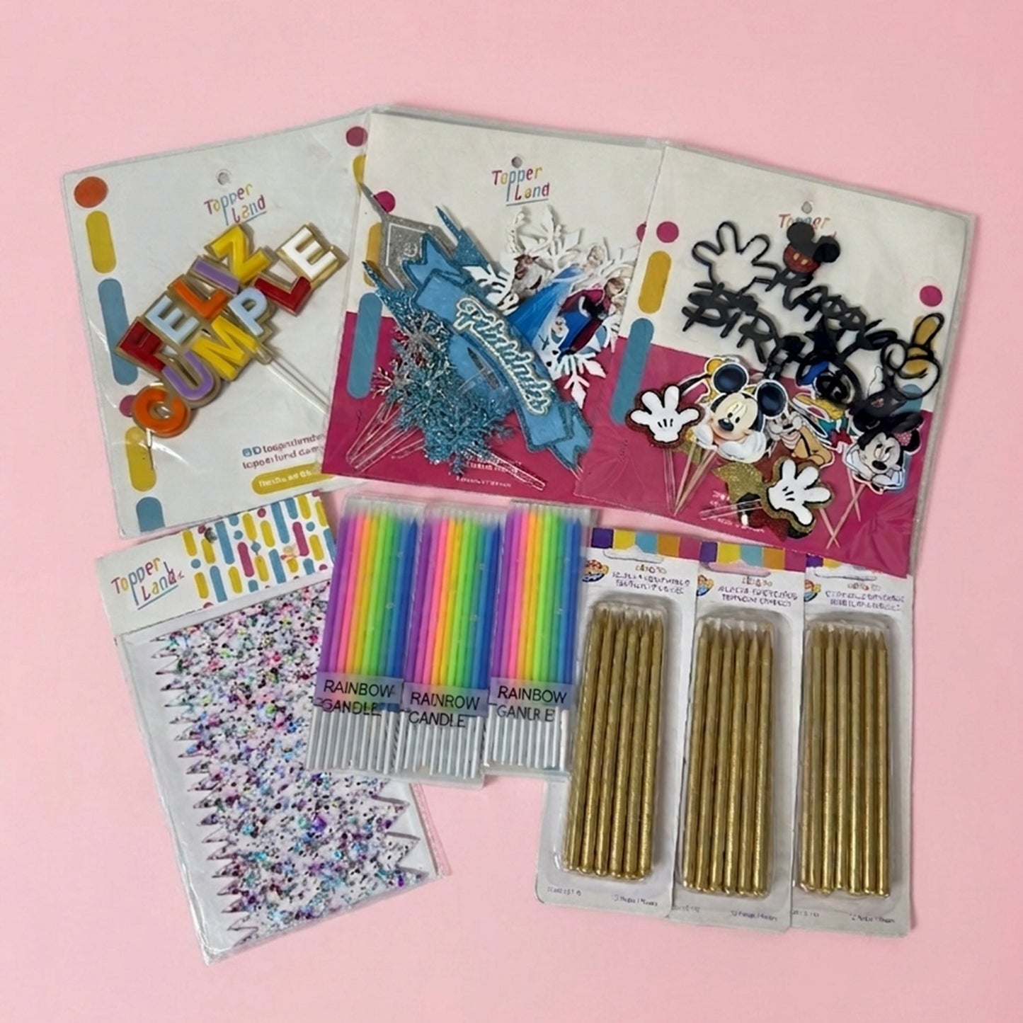 Paquete 20: 1 Caketopper + 2 Kits Caketoppers + 1 Raspa + Kit Velas