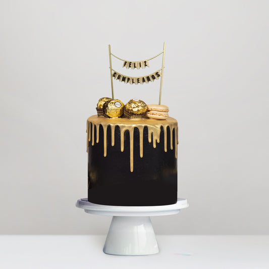 Cake Topper Feliz Cumpleaños Banderines Dorado con Negro